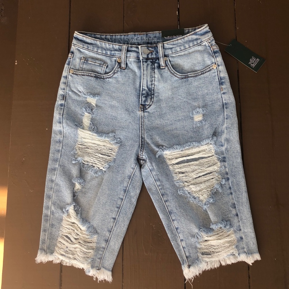 Long high rise ripped jean shorts